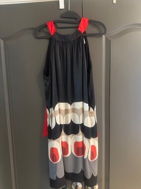 ELIZA J - Beautiful Black Halter Dress with Red Accents and Geometric Print